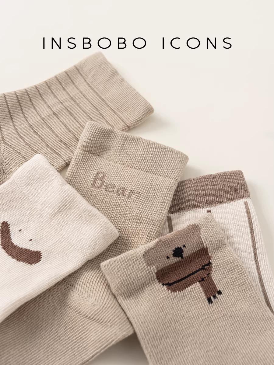 Tất bé trai INSbobo thu đông 2025, tất lưới bé trai họa tiết hoạt hình gấu, bộ 5 đôi