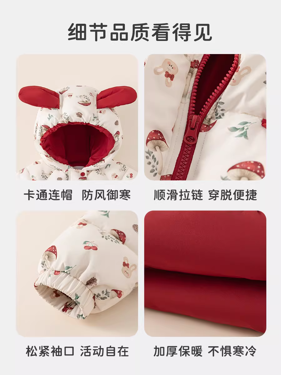 Áo khoác cotton đỏ thời trang trẻ em INSbobo 2025, áo khoác mùa đông mới cho bé gái, áo dày giữ ấm mùa thu đông