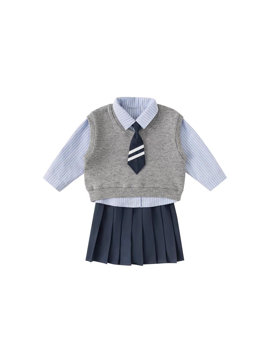 Bộ trang phục thu đông cho bé gái, phong cách preppy, bộ ba món cho bé gái, kiểu mới thu đông 2025, thời trang Hàn Quốc dài tay cho trẻ em.