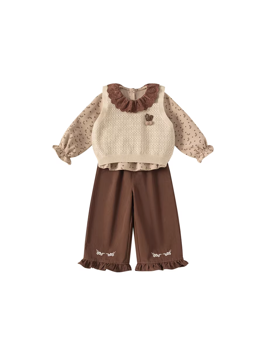 Bộ đồ bé gái INSbobo thu đông 2025, quần áo trẻ em mới, áo gile ba món, trang phục mùa thu, thời trang trẻ em