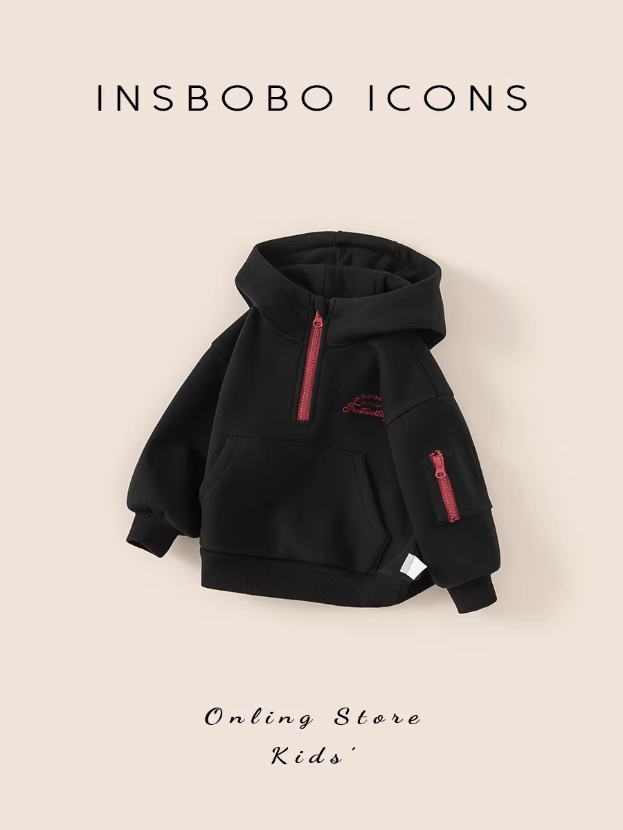 Áo nỉ bé trai INSbobo 2025, áo khoác có mũ dày dặn mùa thu đông mới, giữ ấm cho bé