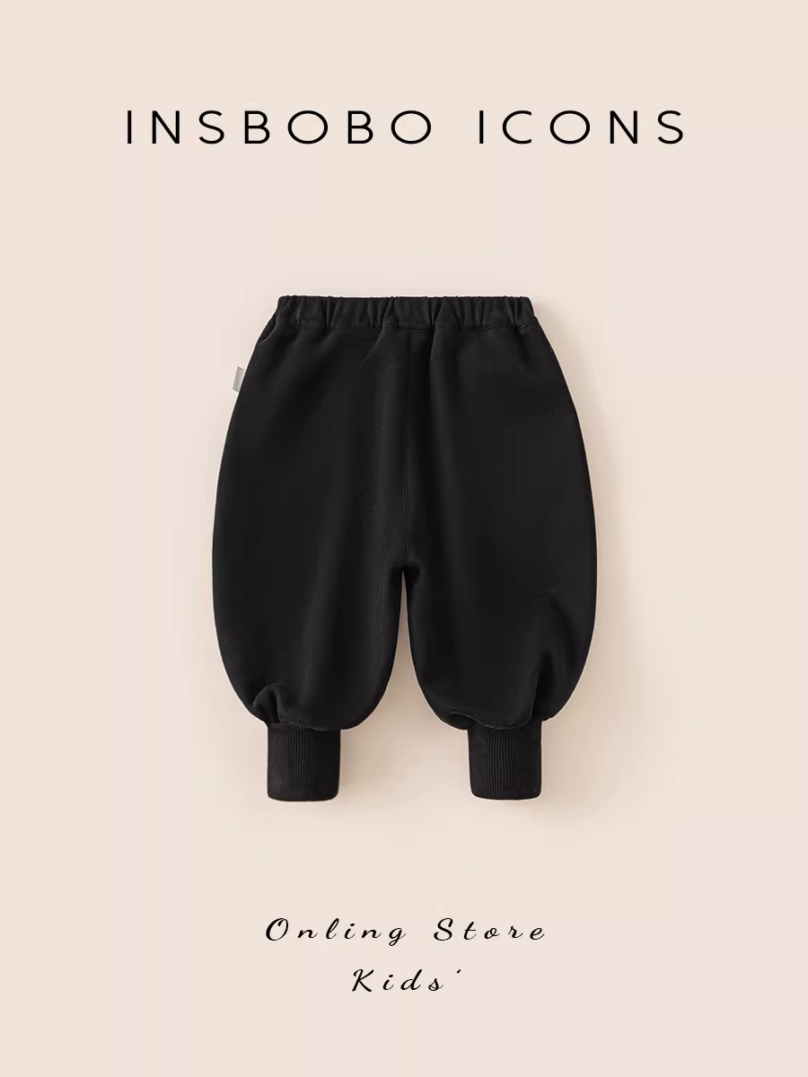 Quần nỉ lót lông INSbobo cho bé trai, quần jogger dày phong cách Trung Hoa thu đông 2025, quần màu trơn cho bé gái mặc mùa thu