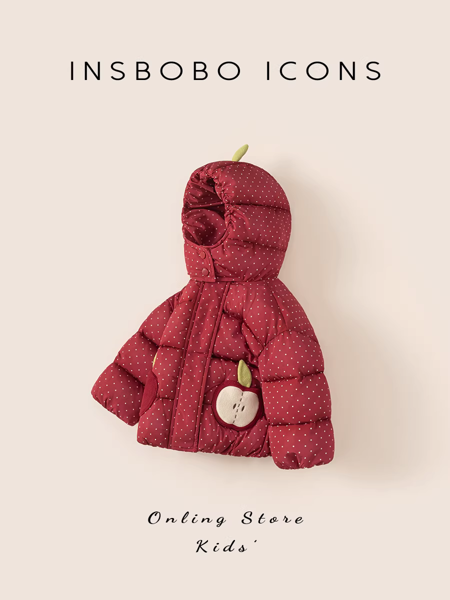 Áo khoác cotton bé gái INSbobo mùa đông 2025, quần áo cotton bé gái, trang phục mùa đông bé gái, áo khoác cotton dày màu đỏ, quần áo trẻ em