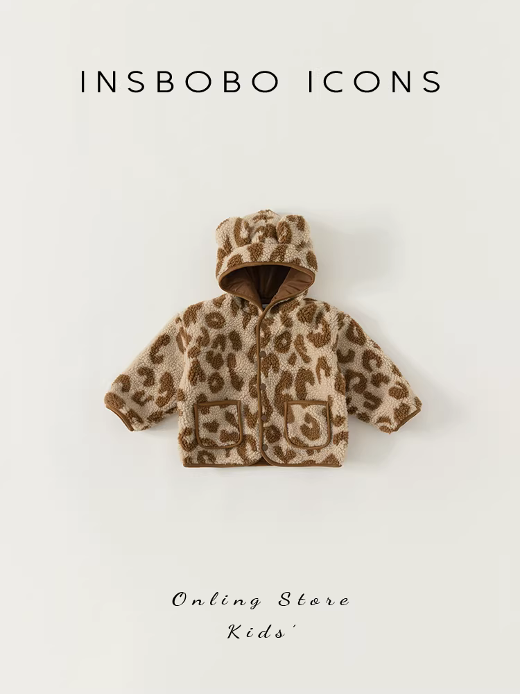 Áo khoác lông trẻ em họa tiết da báo, phong cách mùa thu mới, quần áo len cừu cho bé gái, trang phục mùa thu ấm áp dày dặn cho bé gái, quần áo bé trai.