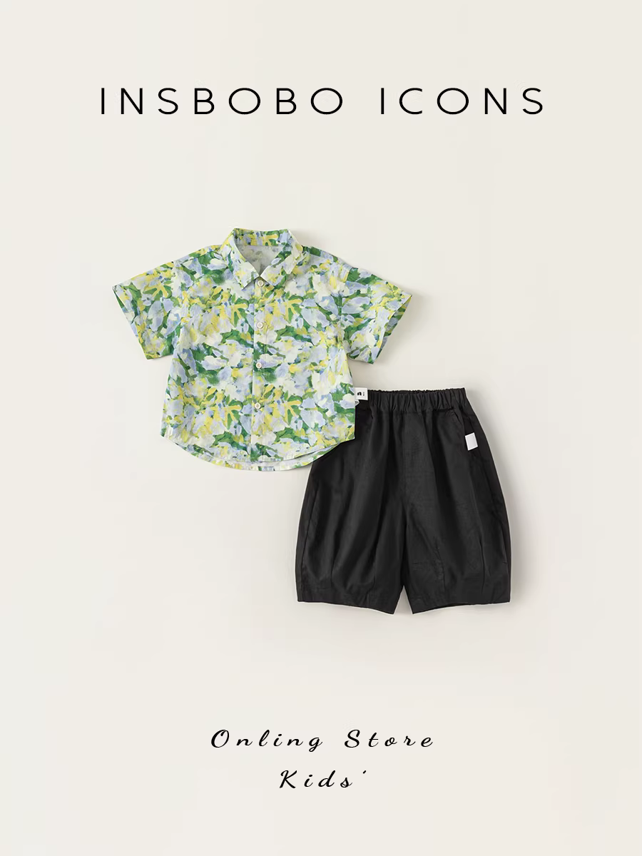 Bộ đồ trẻ em INSbobo in họa tiết tươi mới, quần áo mùa hè cho bé trai năm 2025, áo sơ mi thời trang mới cho bé gái, bộ hai mảnh