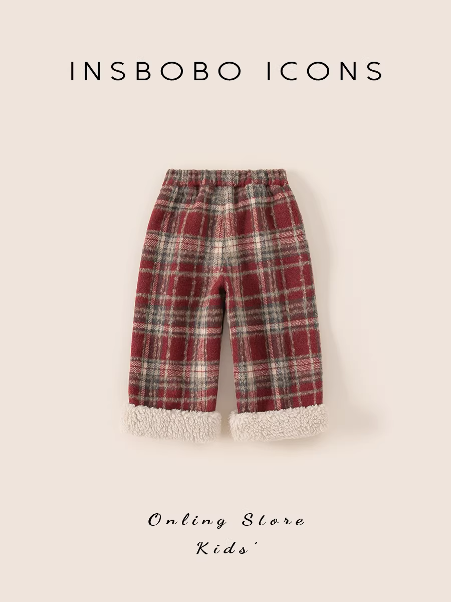 Quần bé gái INSbobo mùa đông 2025, quần trẻ em màu đỏ kiểu thường, quần bé sơ sinh lót lông giữ ấm kiểu thẳng, quà Giáng sinh