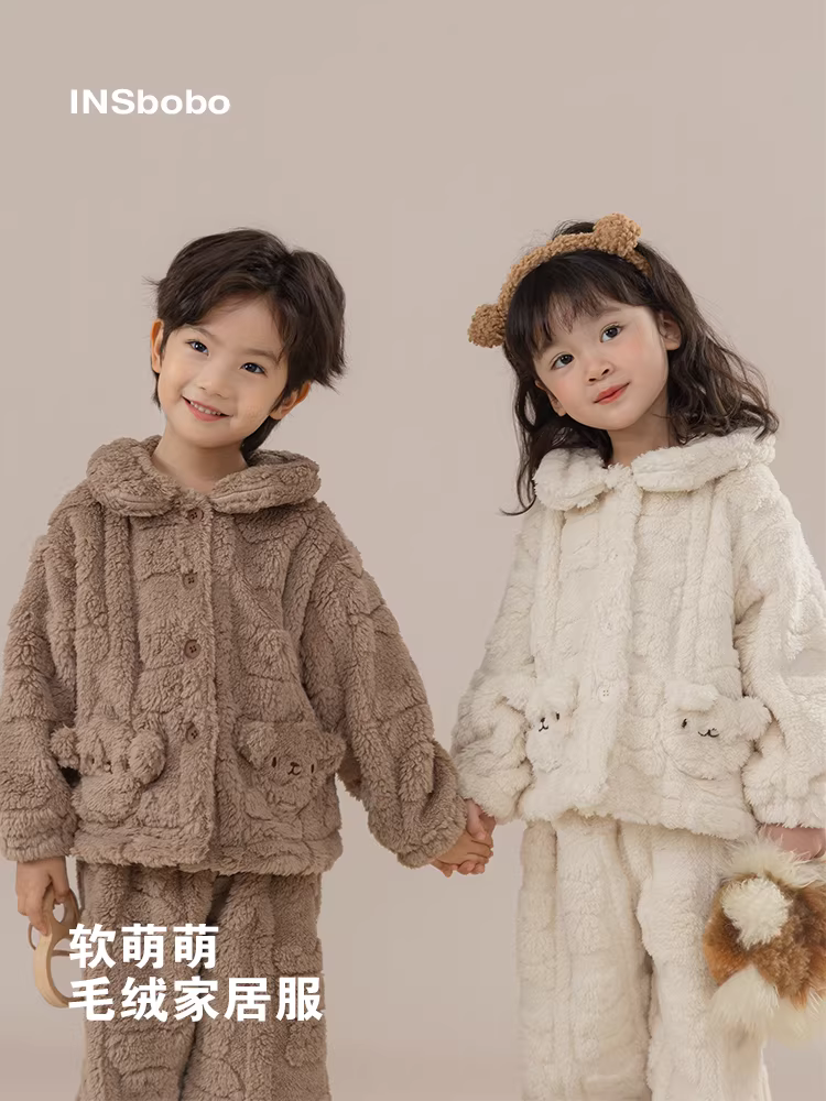 Bộ đồ ngủ trẻ em thu đông, bộ đồ ngủ bé gái, đồ mặc nhà bé trai, mẫu mới 2025, chất liệu lông cừu, giữ ấm