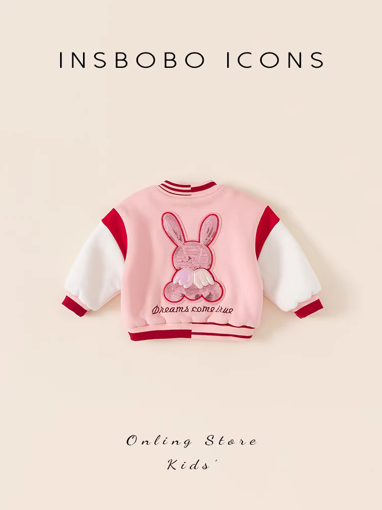 Áo khoác mùa đông INSbobo cho bé gái 2024, áo khoác bóng chày bé gái, áo khoác lót lông dày mùa thu đông, quần áo trẻ em