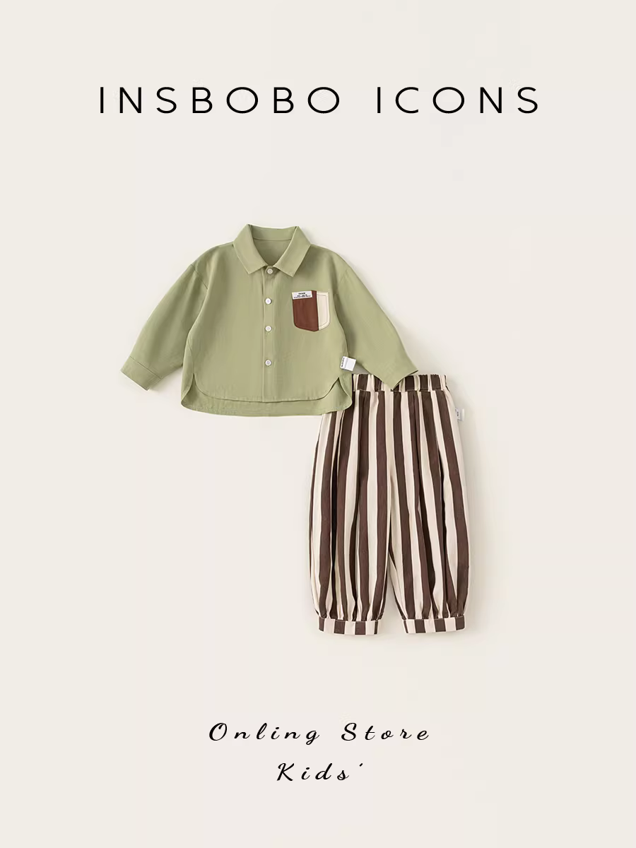 Bộ trang phục thu đông INSbobo cho bé trai 2025, bộ hai món áo sơ mi bé trai mới, áo dài tay phong cách Hàn Quốc thời trang
