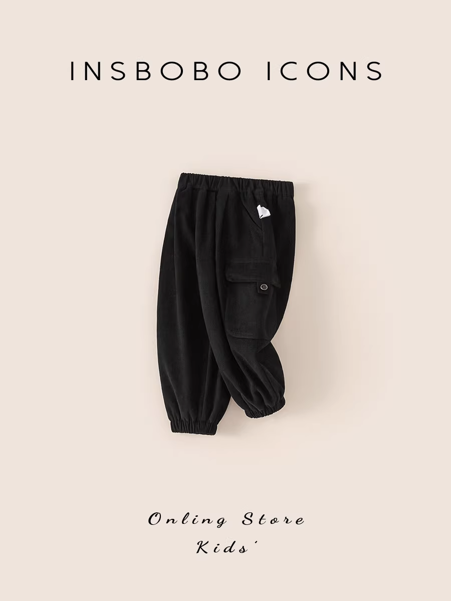 Quần bé trai INSbobo thu đông, quần cargo trẻ em, kiểu mới mùa đông 2025, quần dài lót lông cừu cho bé, thời trang trẻ em