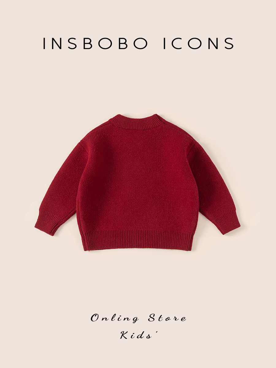 Áo len INSbobo cho bé gái mùa đông 2025, áo len dệt kim dày màu đỏ cho bé trai, áo len Giáng sinh