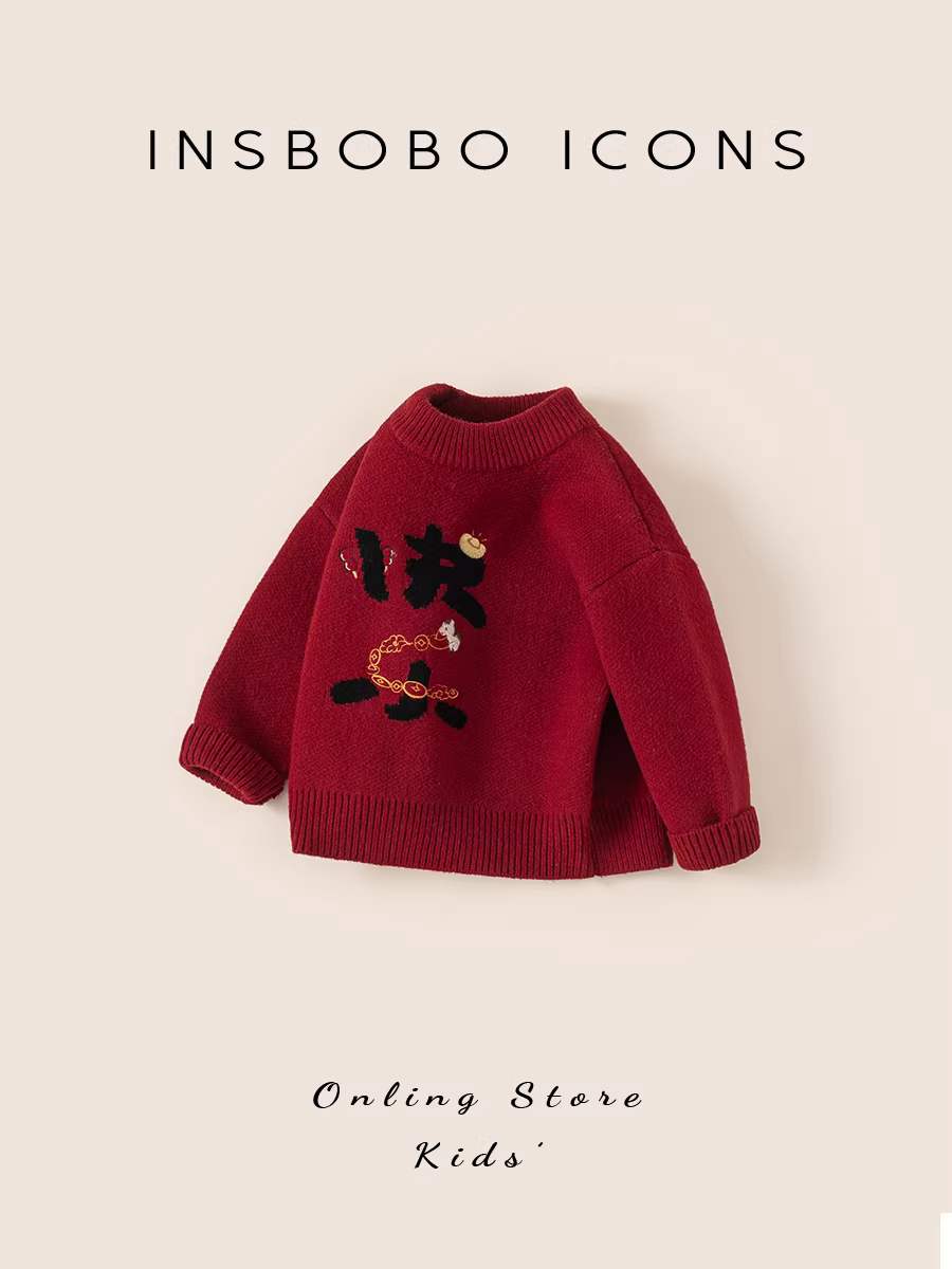 Áo len INSbobo cho bé gái mùa đông 2025, áo len dệt kim dày màu đỏ cho bé trai, áo len Giáng sinh