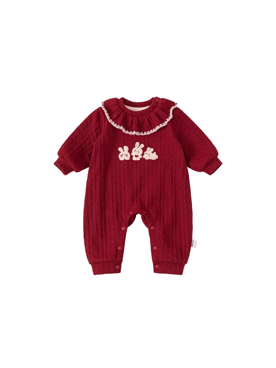 Quần áo trẻ em INSbobo mùa đông 2025 kiểu mới, bộ liền thân lót lông cừu cho bé gái, đầm bé gái một tuổi màu đỏ thời trang