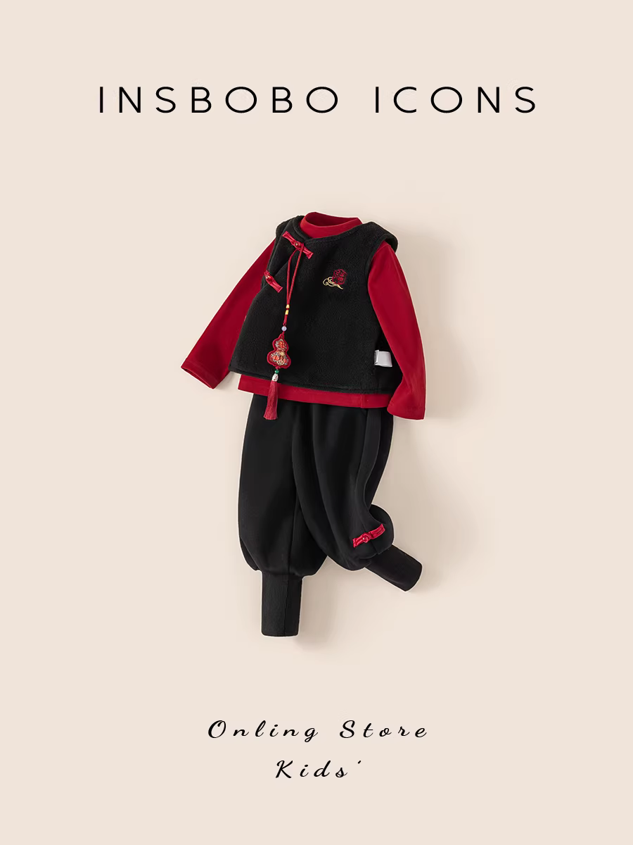 Trang phục Tết Hanfu cho bé trai INSbobo một tuổi, mùa đông 2025, kiểu áo Tang mới, lót lông cừu, màu đỏ thời trang