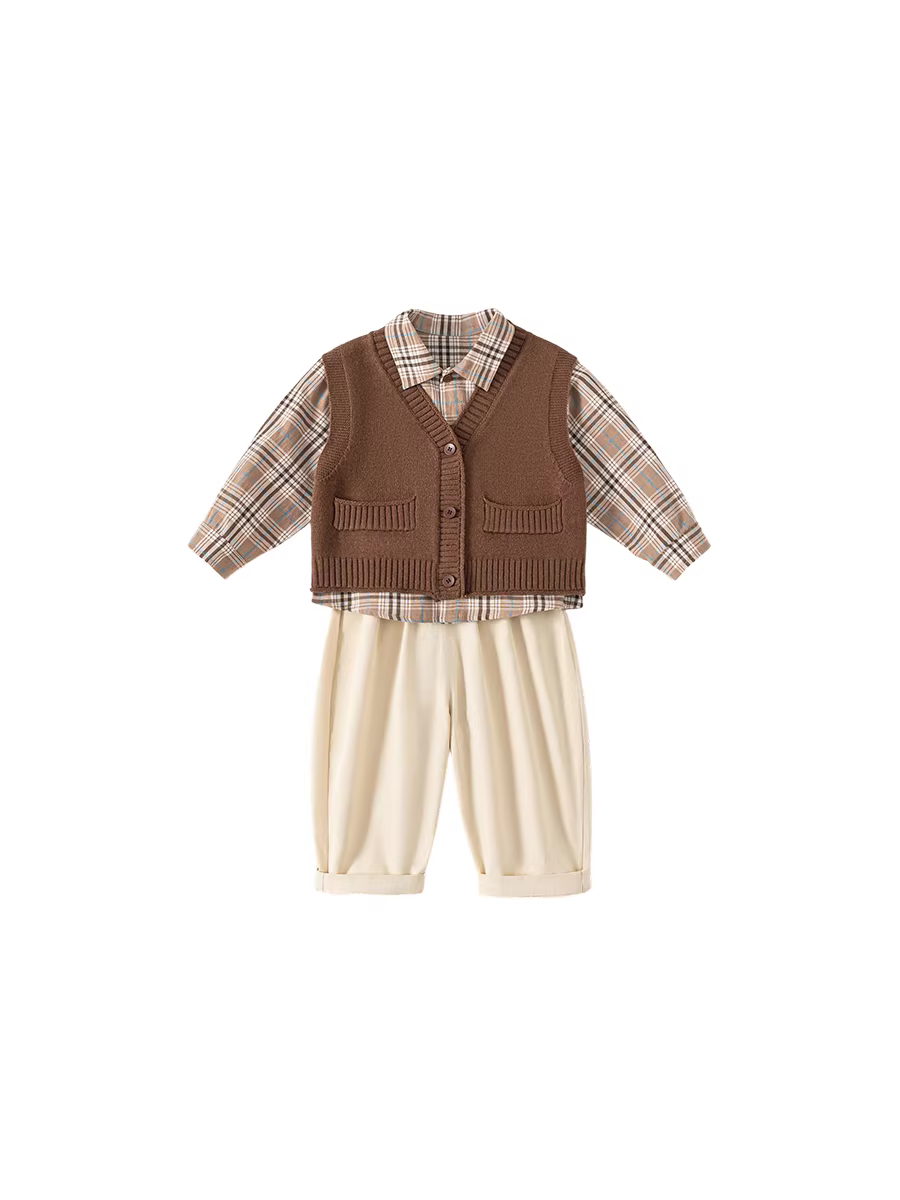 Bộ vest bé trai INSbobo thu đông, bộ ba món, mẫu mới xuân thu 2025, quần áo trẻ em thời trang