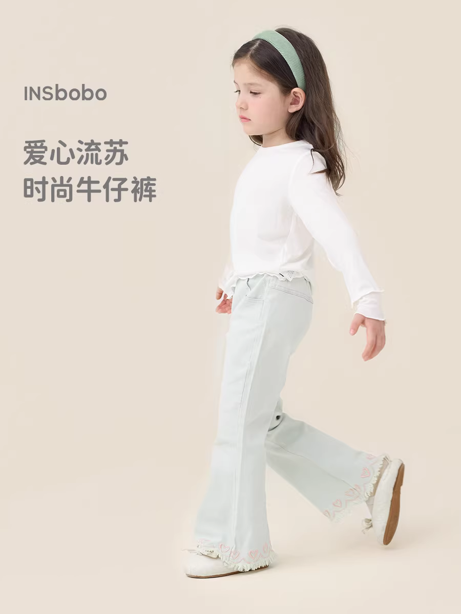 Quần jeans loe INSbobo cho bé gái, mùa xuân thu, kiểu mới 2025, quần dài bé gái mặc thu