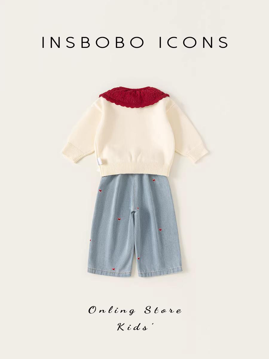 Bộ đồ bé gái INSbobo mùa đông 2025 kiểu mới, áo thời trang trẻ em, quần jeans ống thẳng mùa thu đông