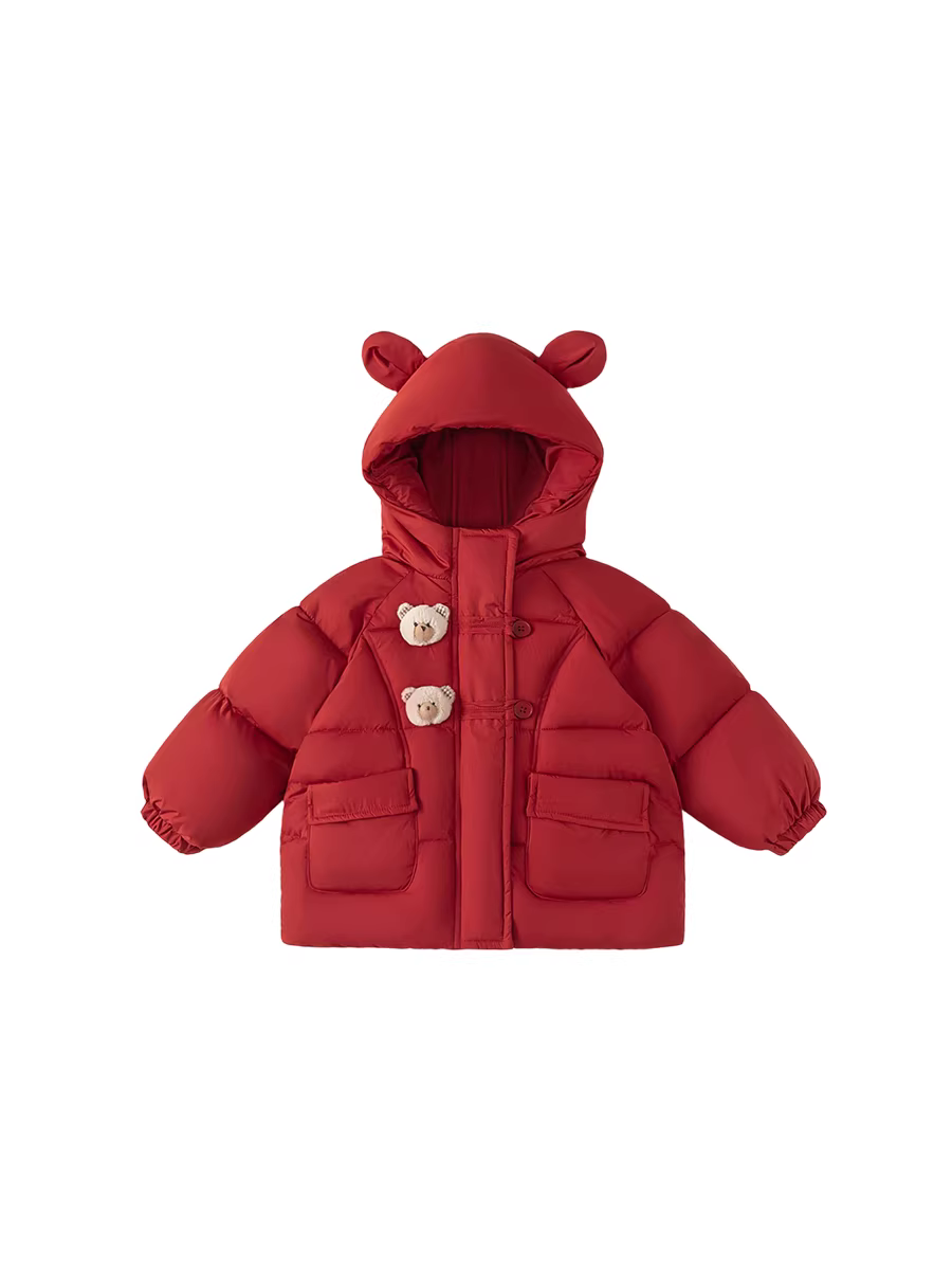 Áo khoác mùa đông màu đỏ dày dặn giữ ấm cho bé gái INSbobo, kiểu mới năm 2025, chất liệu cotton