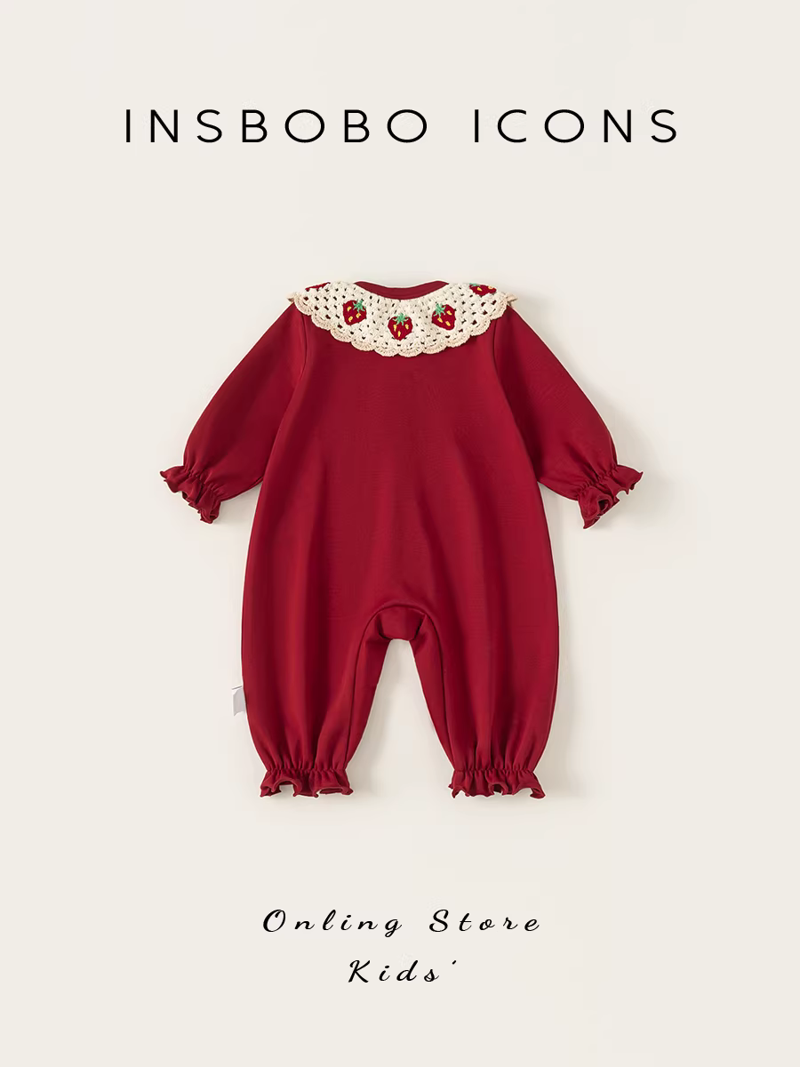 Quần áo trẻ em INSbobo thu đông 2025 kiểu mới, bộ liền thân bé gái màu đỏ, đồ đi chơi Giáng sinh