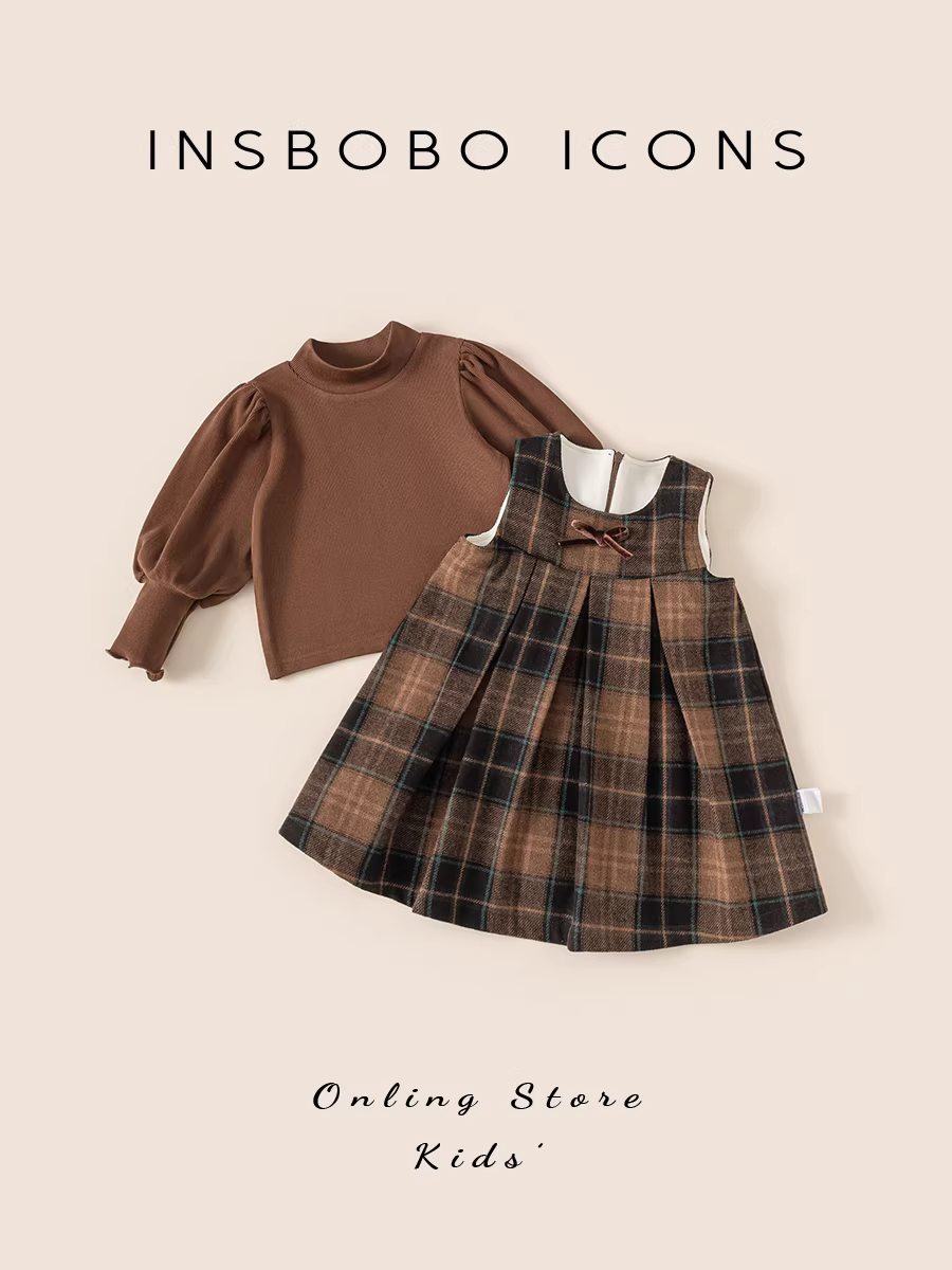 Bộ đồ bé gái INSbobo thu đông 2025, quần áo trẻ em mới, bộ đồ giữ ấm bé, váy mùa đông, thời trang trẻ em
