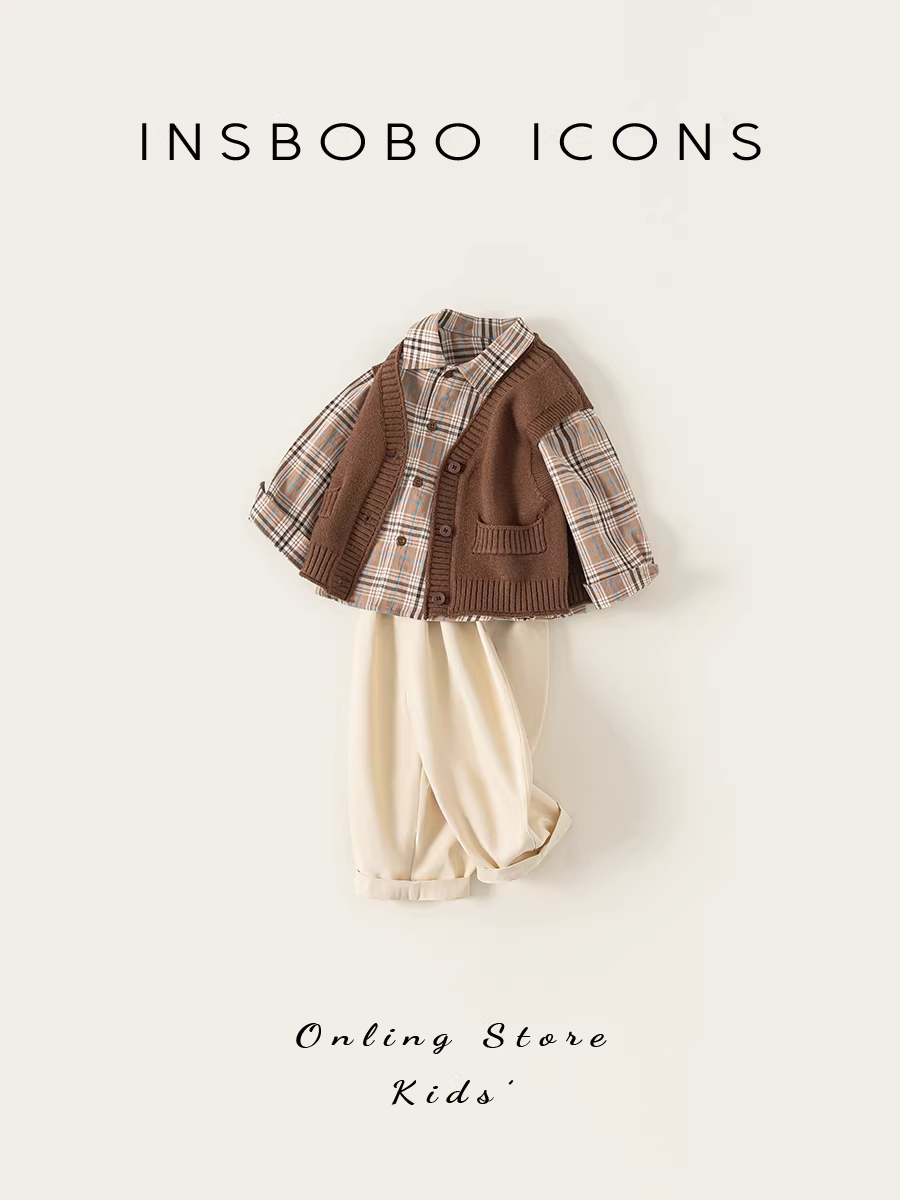 Bộ vest bé trai INSbobo thu đông, bộ ba món, mẫu mới xuân thu 2025, quần áo trẻ em thời trang
