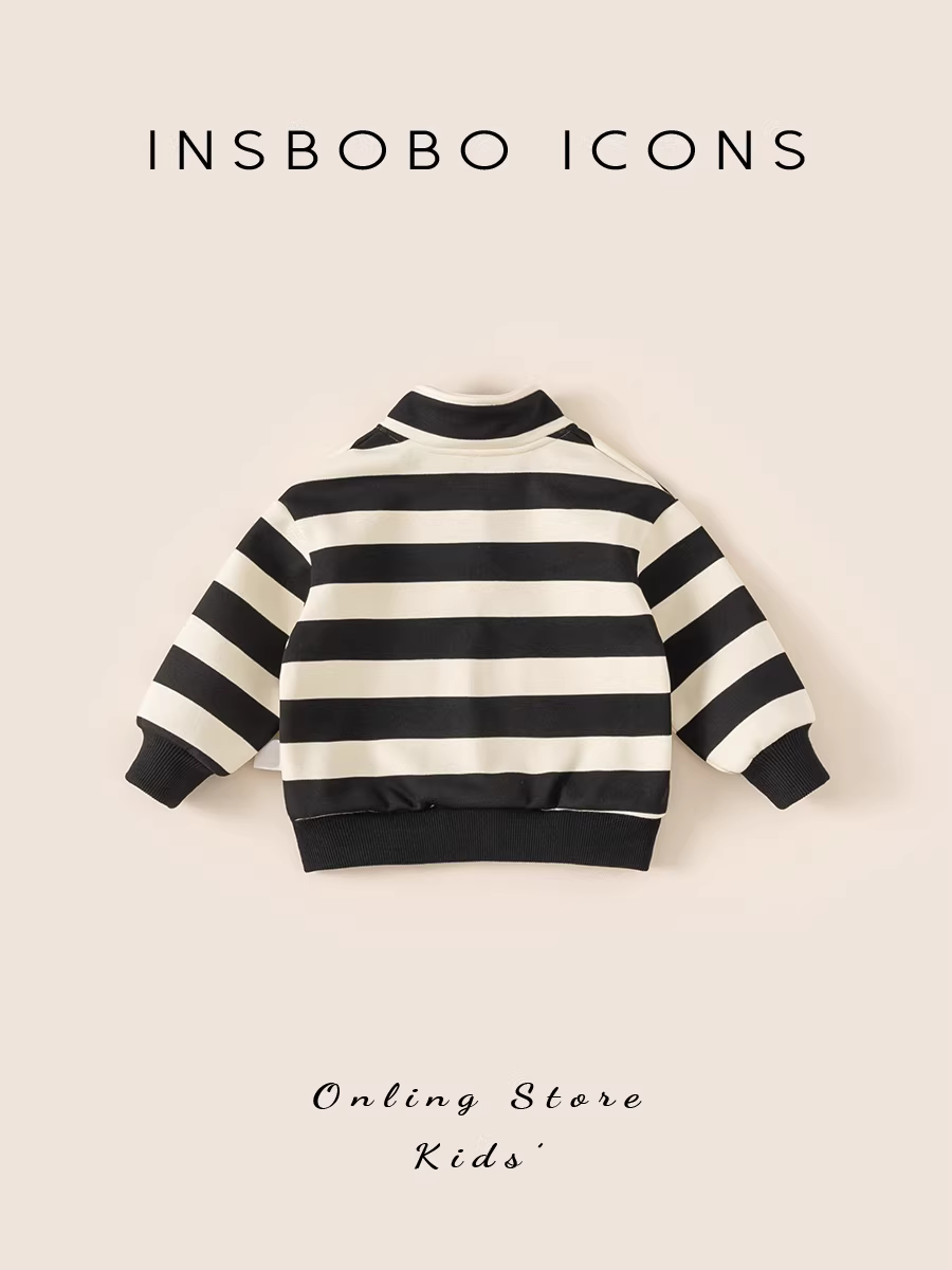 Áo nỉ bé trai INSbobo thu đông mới 2025 áo dày dặn trẻ em cổ đứng kẻ sọc mùa đông