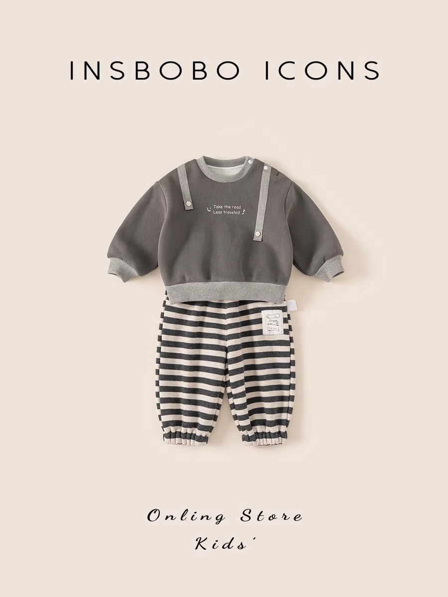 Bộ đồ bé INSbobo mùa đông 2025 kiểu mới, bộ áo nỉ bé trai, quần áo trẻ sơ sinh giữ ấm