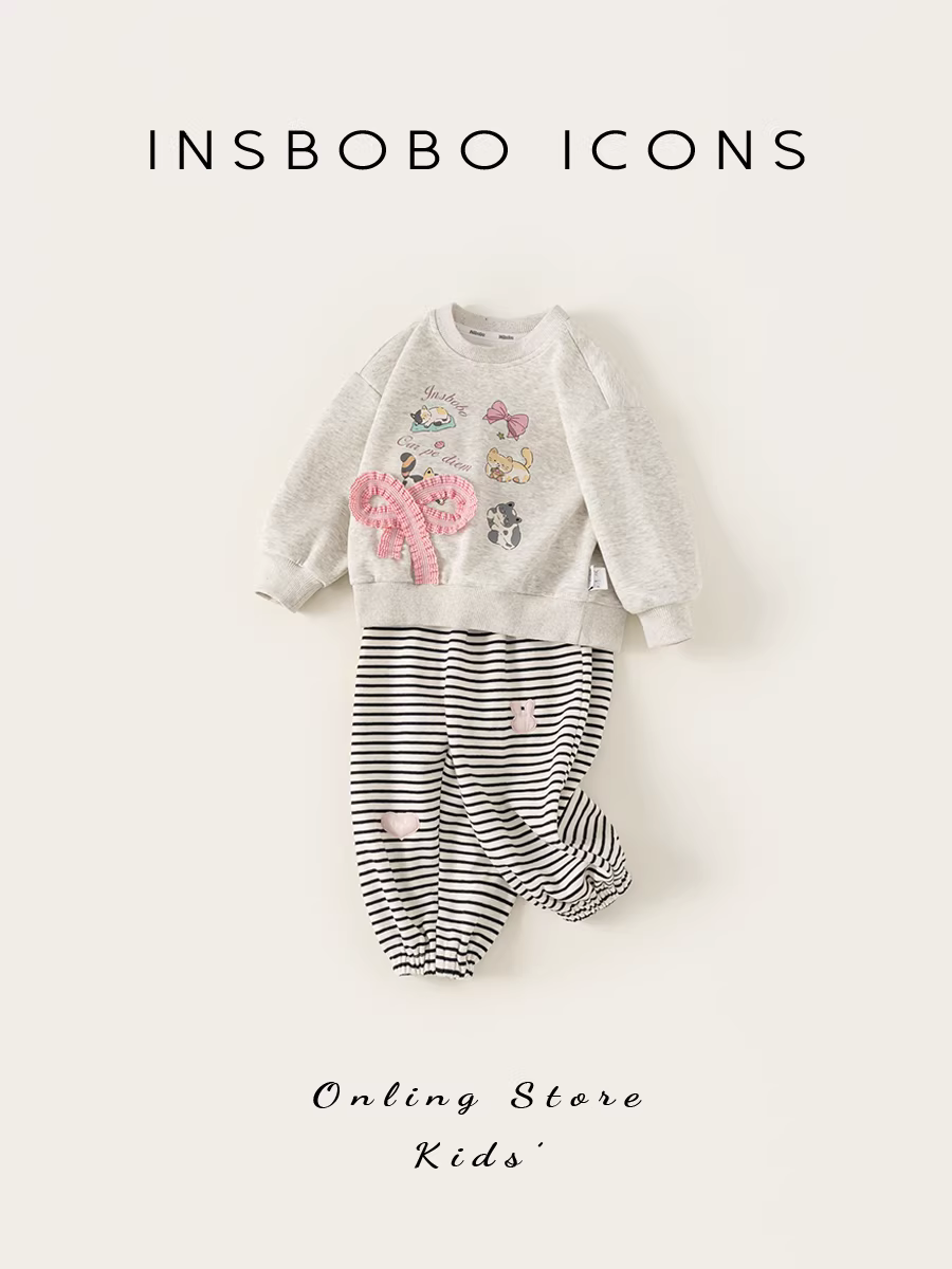 Bộ đồ bé gái INSbobo thu đông 2025, bộ thể thao dễ thương cho bé, phong cách xuân thu, bộ hai mảnh, quần áo trẻ em