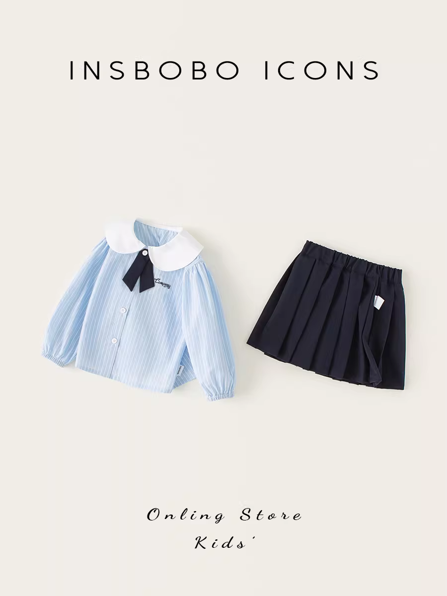 Bộ đồ nữ INSbobo, quần áo trẻ em gái, kiểu mới xuân thu 2025, phong cách preppy, áo sơ mi phối chân váy, quần áo trẻ em mùa thu