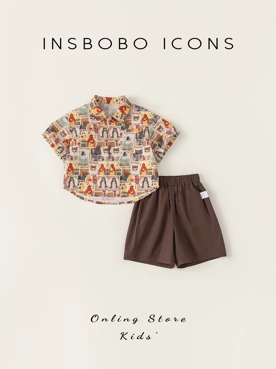 Bộ trang phục hè INSbobo trẻ em 2025 mới, áo sơ mi hoa in hình động vật cho bé trai, bộ hai mảnh thời trang và hợp xu hướng
