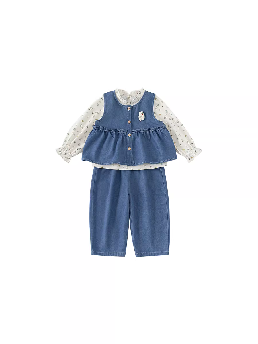 Bộ trang phục thu đông INSbobo cho bé gái 2025, áo dài tay trẻ em mới, bộ ba món chất liệu denim cho bé gái