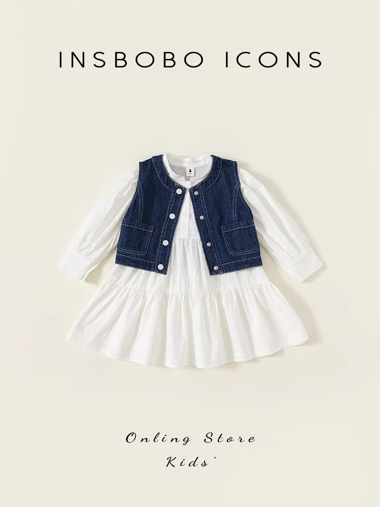 Bộ trang phục thu đông 2025 cho bé gái, đầm liền thân, áo gile hai mảnh, quần áo trẻ em xuân thu INSbobo