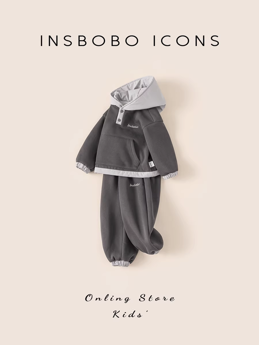 Bộ đồ thể thao bé trai INSbobo thu đông 2025, chất liệu nỉ lót lông, giữ ấm mùa đông, quần áo trẻ em