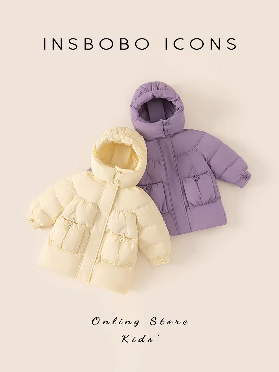 Áo khoác phao bé gái INSbobo kiểu mùa đông 2025, chống thấm ba lớp, lông vũ trắng 90%, áo khoác ngoài mùa đông cho trẻ em