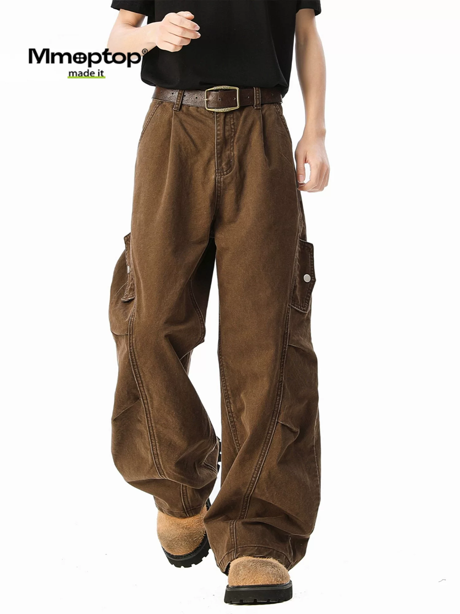 Quần cargo cotton nguyên chất kiểu Mỹ cổ điển Mmoptop dành cho nam, quần ống rộng dáng rộng thẳng kiểu dáng thời trang thu đông