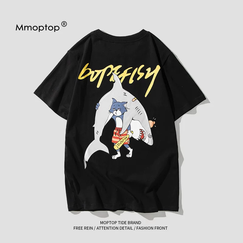 MMOPTOP Tom and Jerry áo thun ngắn tay cổ nhỏ dáng rộng dành cho nam i shark áo sơ mi cotton nguyên chất quần áo nam