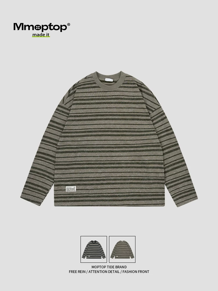 Áo thun dài tay cotton nguyên chất kiểu Mỹ Mmoptop dành cho nam 2025 mới sọc cổ tròn cổ tròn kiểu dáng cổ điển thương hiệu thời trang áo sơ mi cơ bản dành cho cặp đôi