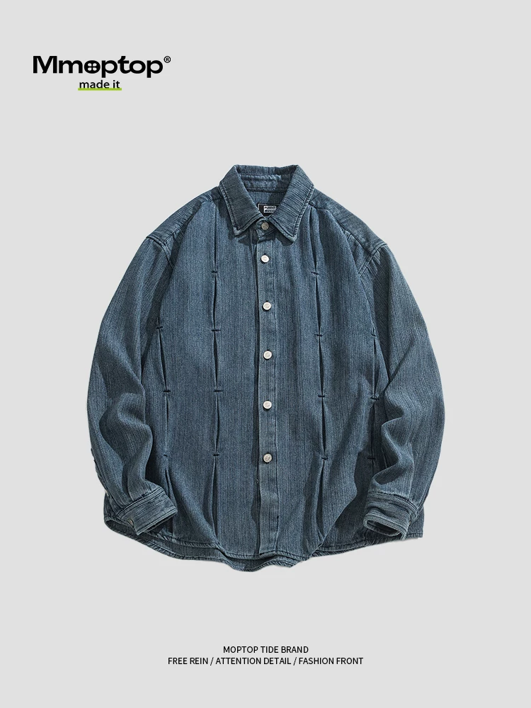 Mmoptop phong cách Trung Hoa mới theo xu hướng quốc gia màu trơn đa năng áo sơ mi denim nam cặp đôi dáng rộng giản dị áo sơ mi đơn giản hợp thời trang