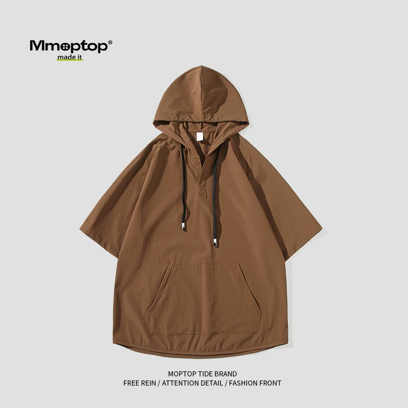 Mmoptop mùa hè mới Áo thun ngắn tay có mũ trùm đầu phong cách đường phố Mỹ dành cho nam, áo thun dáng rộng thông thường bằng lụa băng tạo cảm giác mát mẻ dành cho nam
