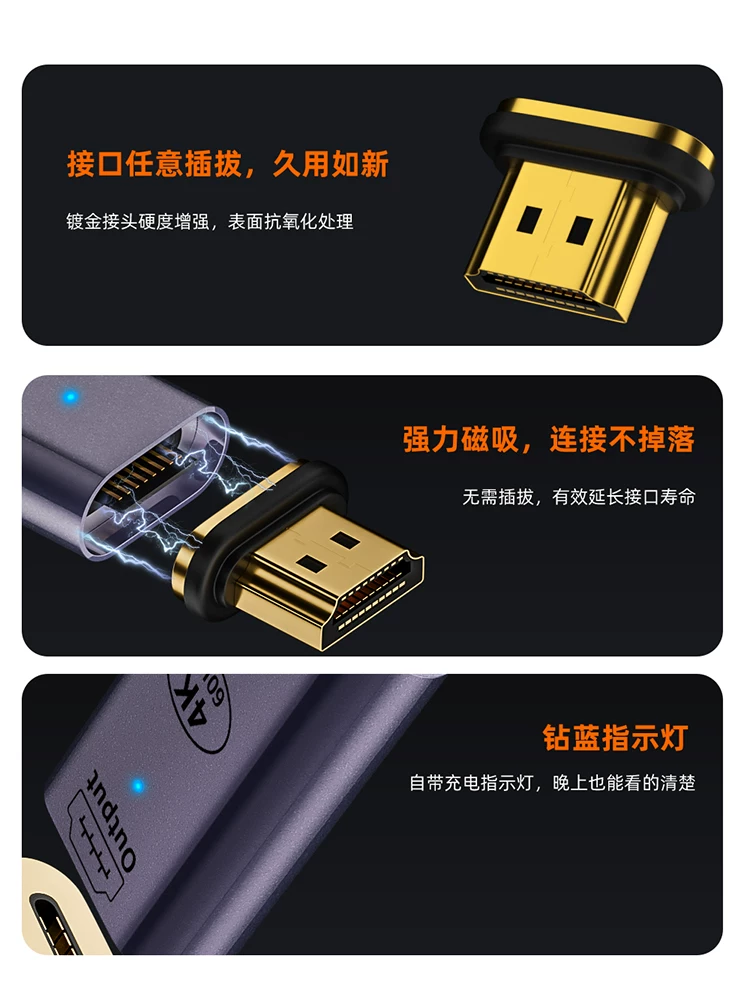Bộ chuyển đổi từ Type-C sang HDMI từ tính, cổng HDMI đực sang C cái, dùng để chiếu màn hình điện thoại lên màn hình máy tính, máy tính xách tay lên máy chiếu, TV, hỗ trợ 4K@60hz, cáp chuyển đổi USB-C HD.