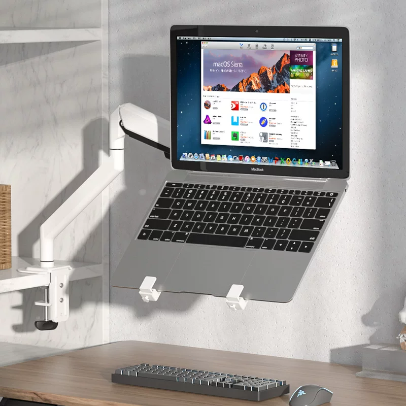 Giá đỡ laptop có tay điều chỉnh, làm mát, di động, nâng cao độ cao, phù hợp cho Apple Macbook và Lenovo Legion.