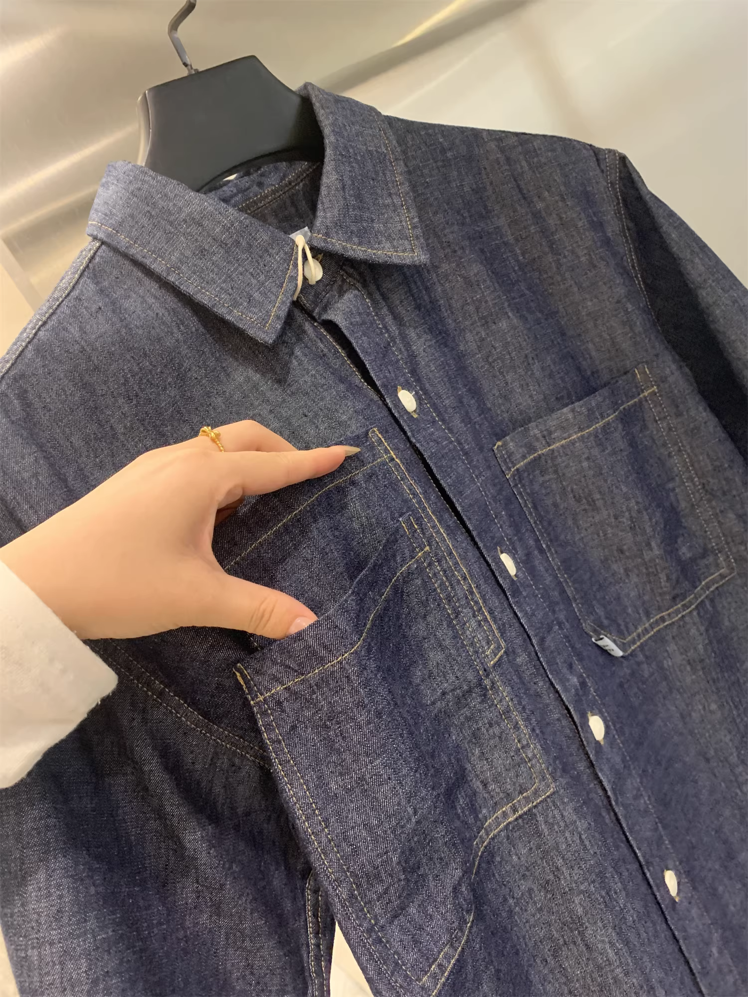 Áo sơ mi denim ngắn tay nam mùa hè, kiểu dáng Mỹ, phong cách Don Quixote, đã qua xử lý làm cũ!