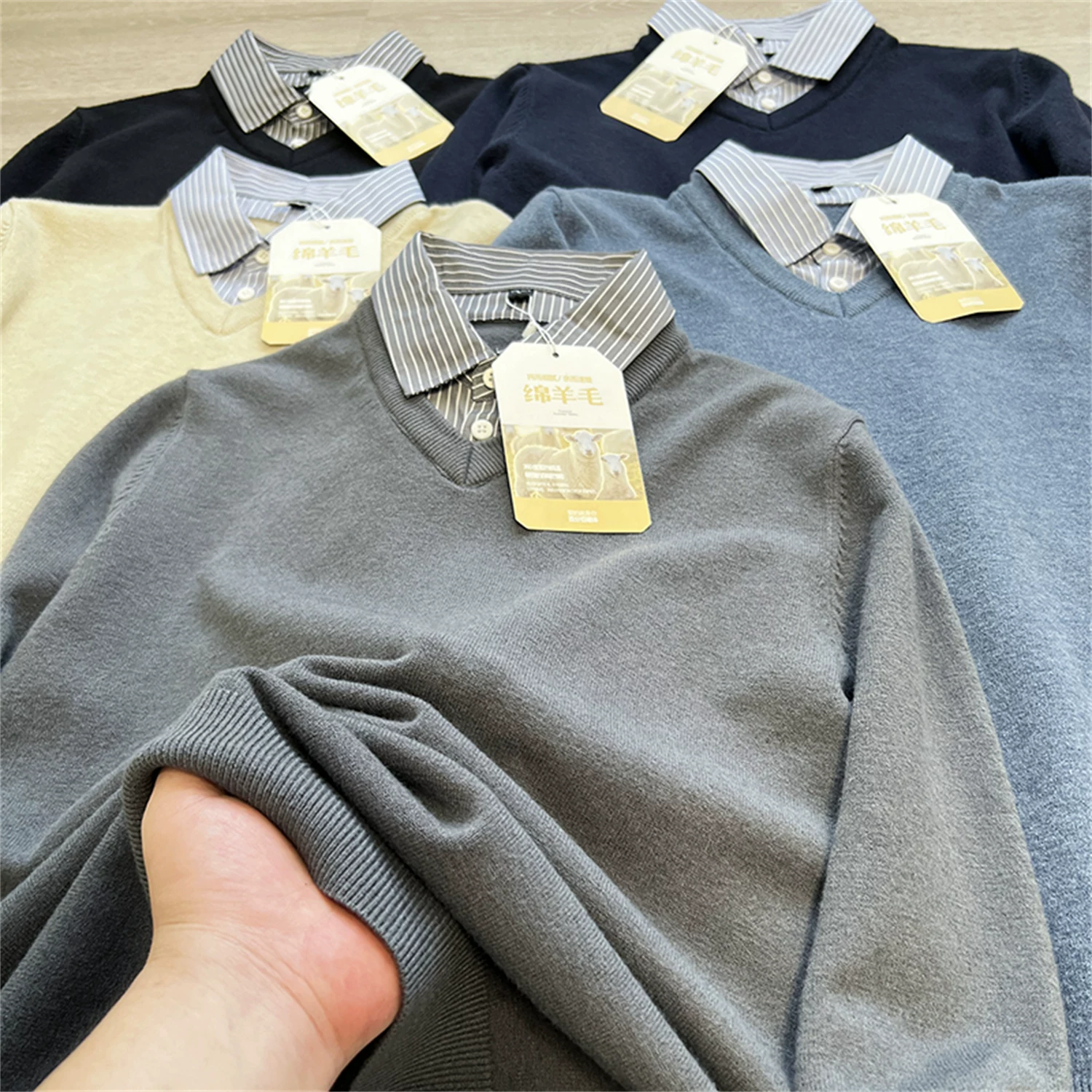 Áo len pha len Don Quixote! Áo len nam phối lông cừu giả hai lớp cổ áo sơ mi mùa thu đông thời trang