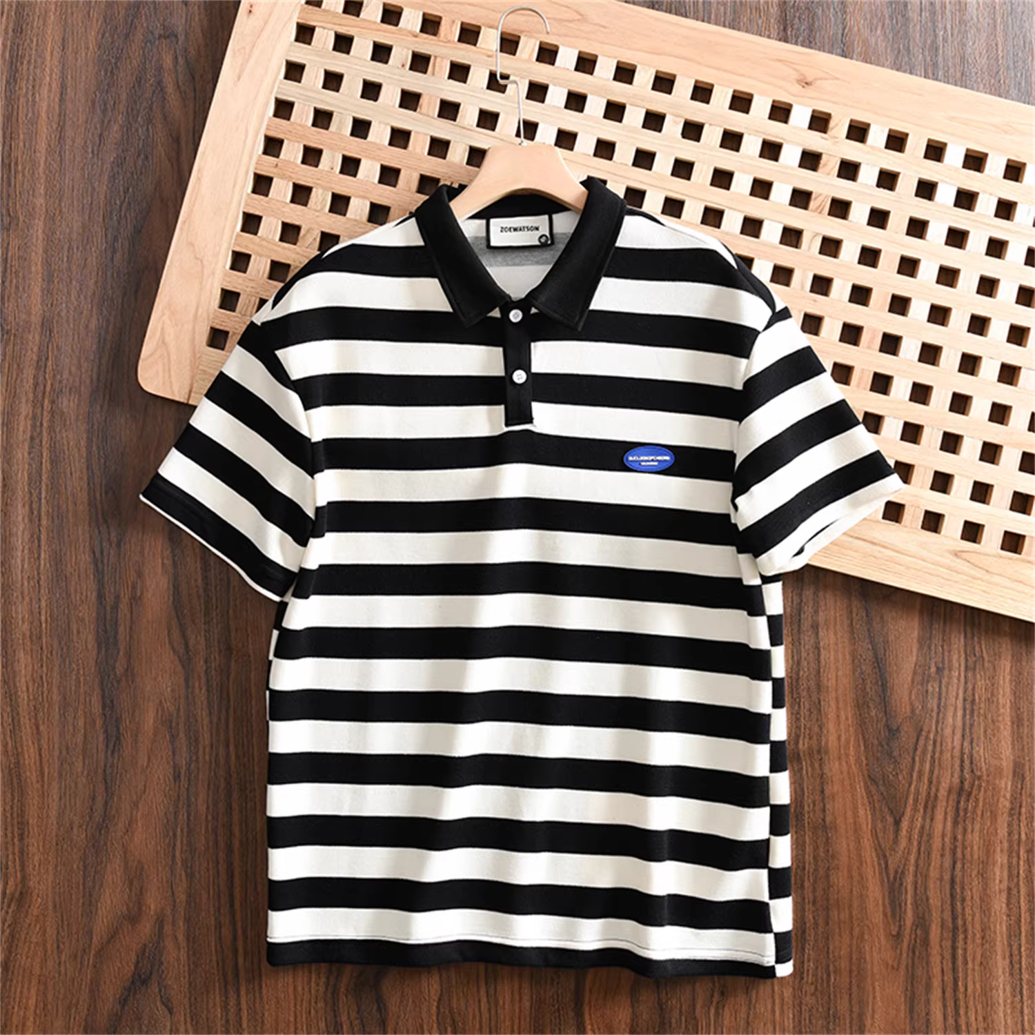 Don Quixote phong cách tối giản Nhật Bản! 250g cotton pique! Áo sơ mi POLO ngắn tay, dáng rộng, sọc, đa năng, thời trang dành cho nam