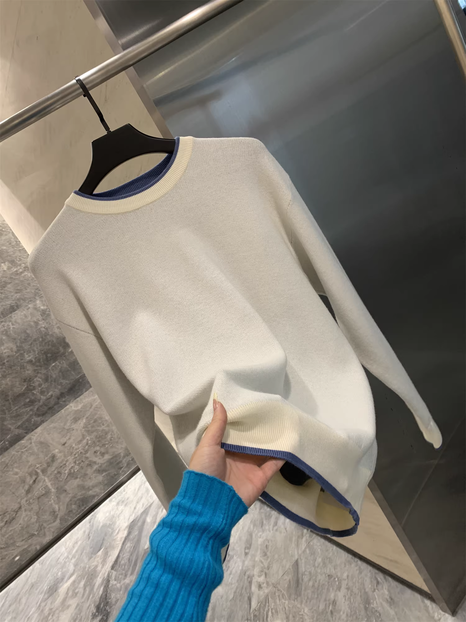 Ưu đãi hàng ngày của Don Quixote! Áo len dệt kim cổ tròn viền màu, áo len đơn giản màu trơn dành cho nam.