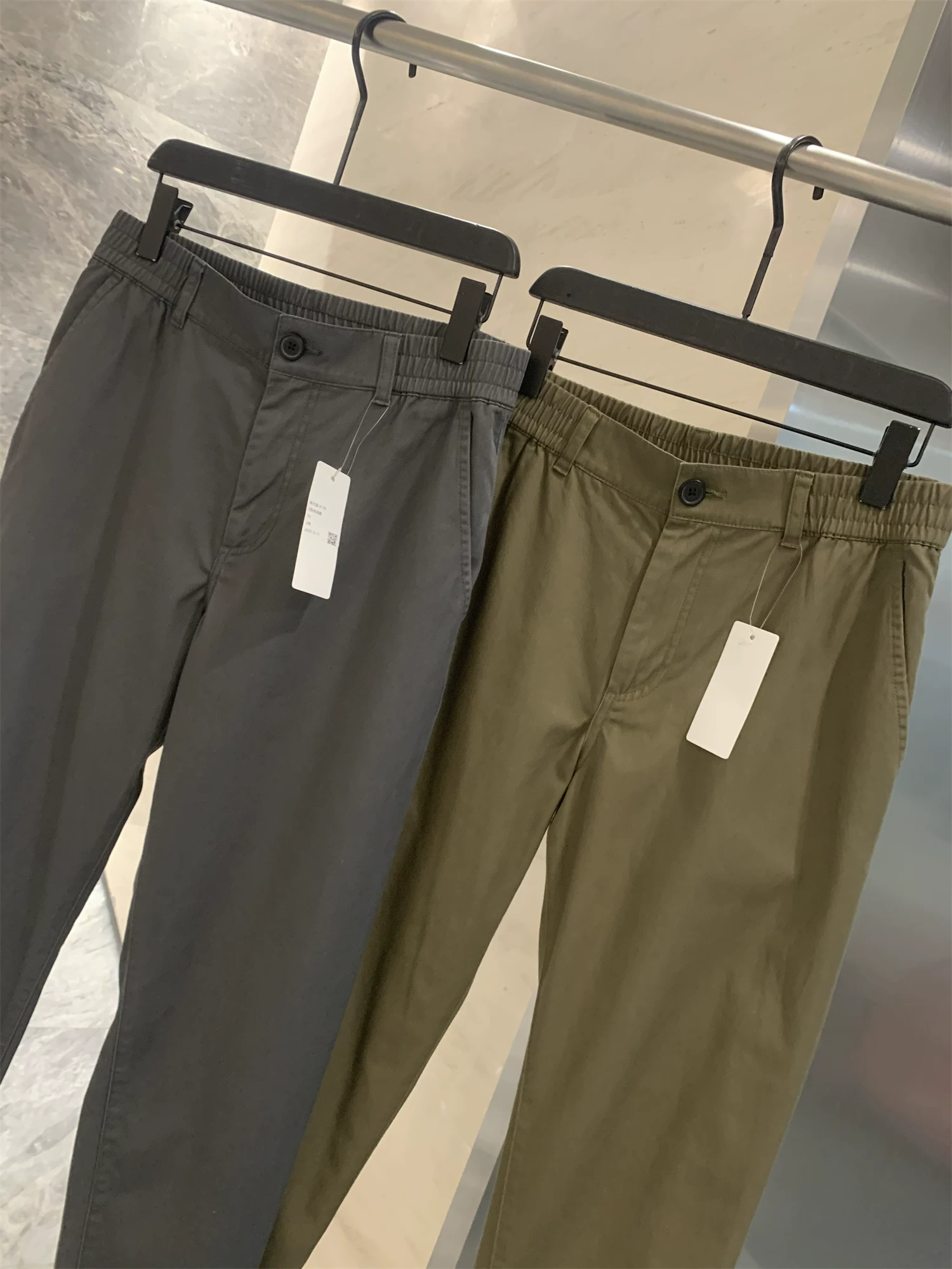 Don Quixote 100% cotton! Quá trình giặt bền chắc! Quần âu dáng thẳng lưng thun nửa phần, đa năng, phong cách thường ngày.