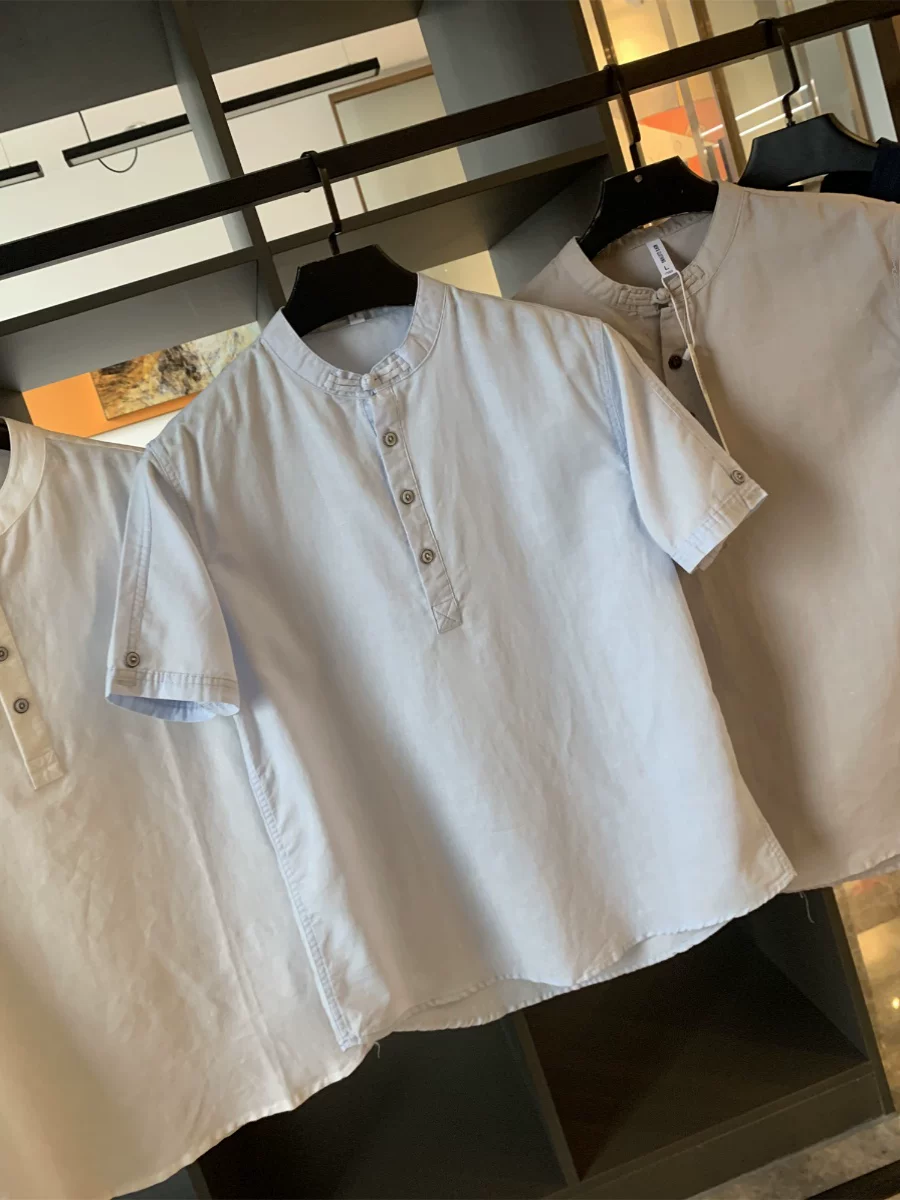 Dòng sản phẩm phong cách dân tộc Don Quixote! 50% lanh + 50% cotton! Áo sơ mi nam tay ngắn cổ đứng thanh lịch, kiểu retro mùa hè, cài khuy.