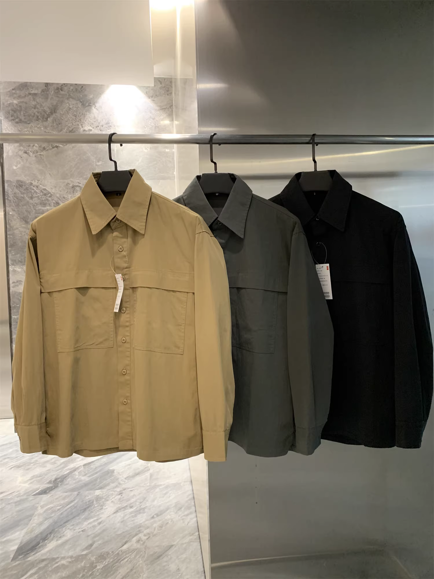 Áo khoác sơ mi cổ điển nam phong cách quân đội Nhật Bản Don Quixote! Áo khoác sơ mi dài tay có cổ hai túi mùa xuân thu