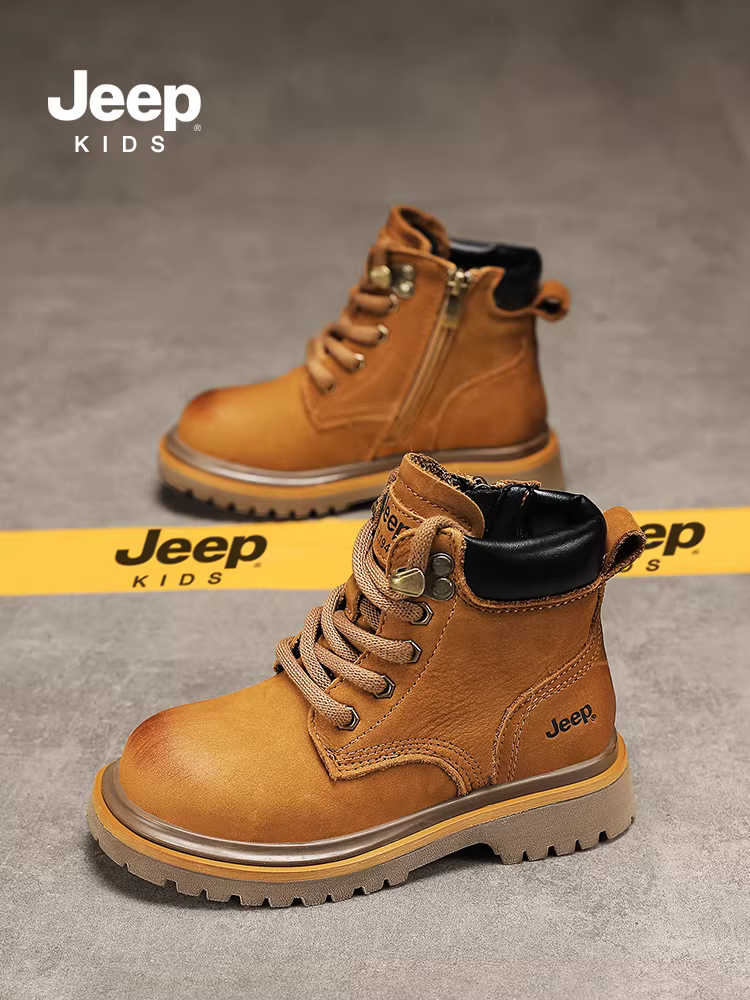 Giày bốt Martin da thật dành cho trẻ em của hãng Jeep, cotton hai lớp, bé trai và bé gái, kiểu thu đông 2025, bốt ngắn lót lông cừu, bốt da, bốt màu vàng.