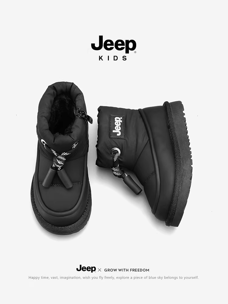 Giày bốt đi tuyết trẻ em Jeep dành cho bé trai và bé gái, bốt ngắn chống thấm nước cho mùa thu đông 2024, kiểu dáng mới, mặt da Đông Bắc có lớp lót lông cừu giữ ấm.